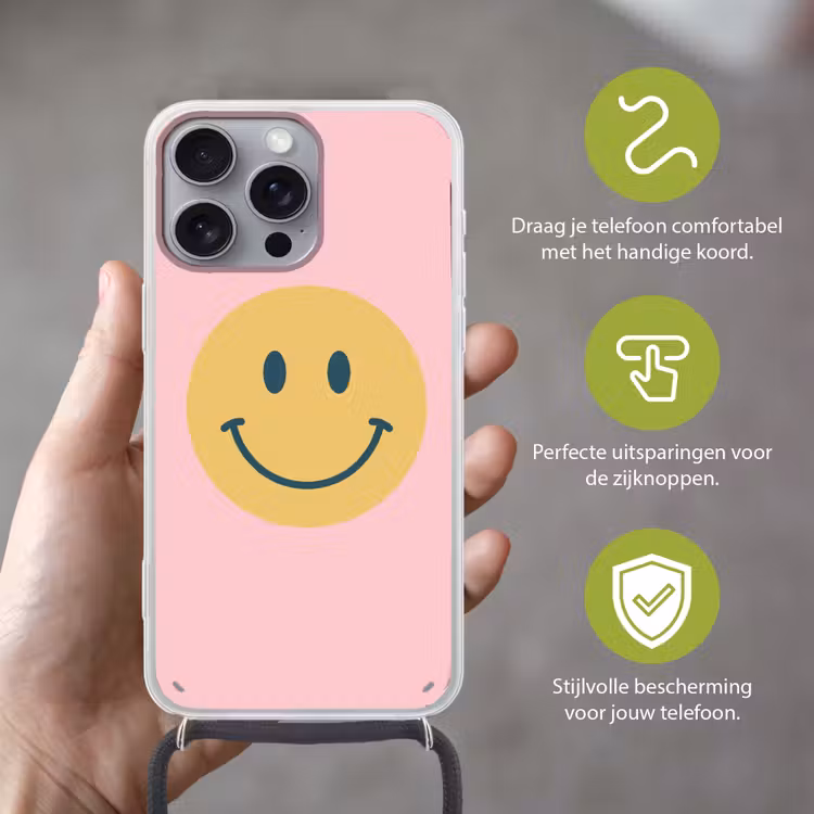 Telefoonhoesje met koord - Smiley - Geel - Roze - Symbool - Minimalistisch — 4