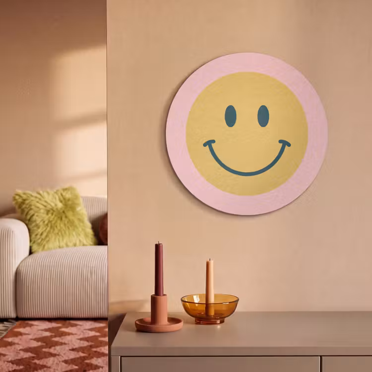 Akoestisch schilderij rond - Smiley - Geel - Roze - Symbool - Minimalistisch — 2
