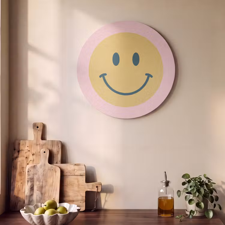 Akoestisch schilderij rond - Smiley - Geel - Roze - Symbool - Minimalistisch — 4