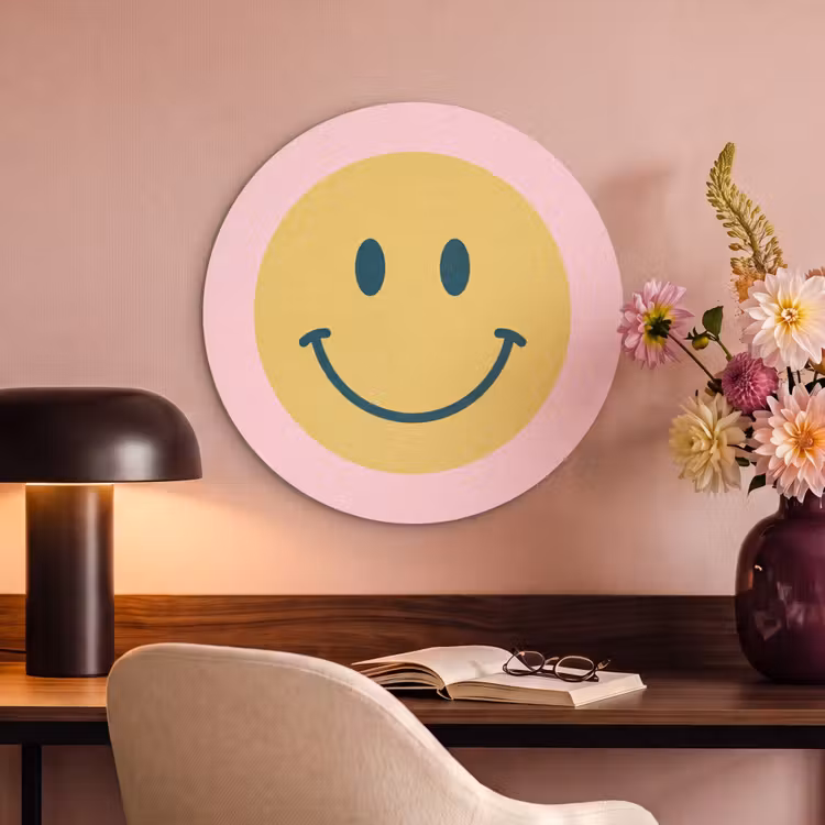Akoestisch schilderij rond - Smiley - Geel - Roze - Symbool - Minimalistisch — 6