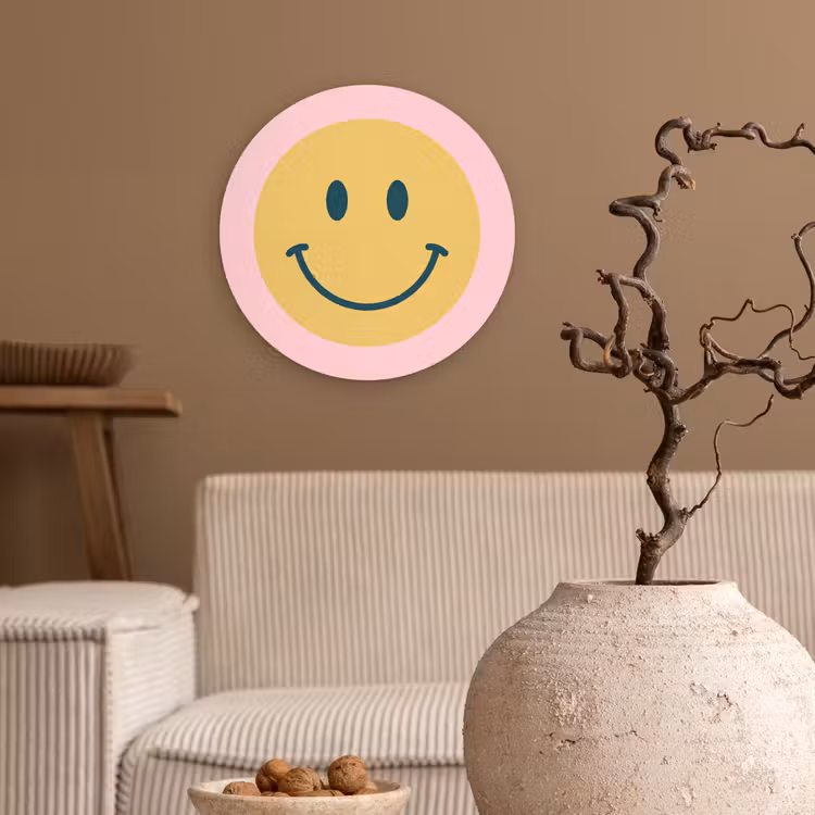 Wandcirkel - Glas - Smiley - Geel - Roze - Symbool - Minimalistisch — 2