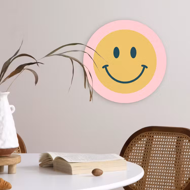 Wandcirkel - Glas - Smiley - Geel - Roze - Symbool - Minimalistisch — 4