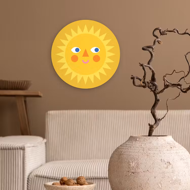 Wandcirkel - Glas - Zon - Gezicht - Zomer - Illustratie - Geel — 2