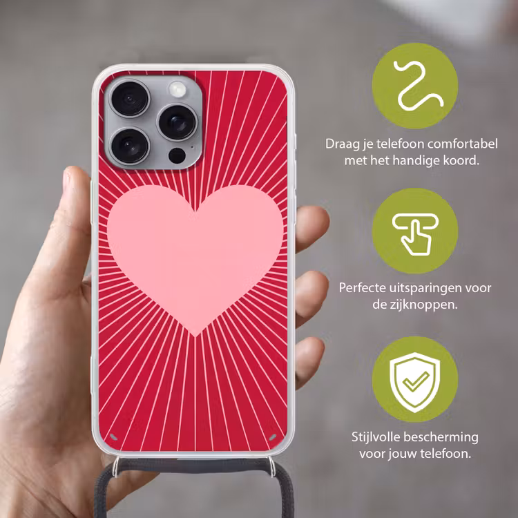 Telefoonhoesje met koord - Hart - Stralen - Liefde - Abstract - Roze — 4