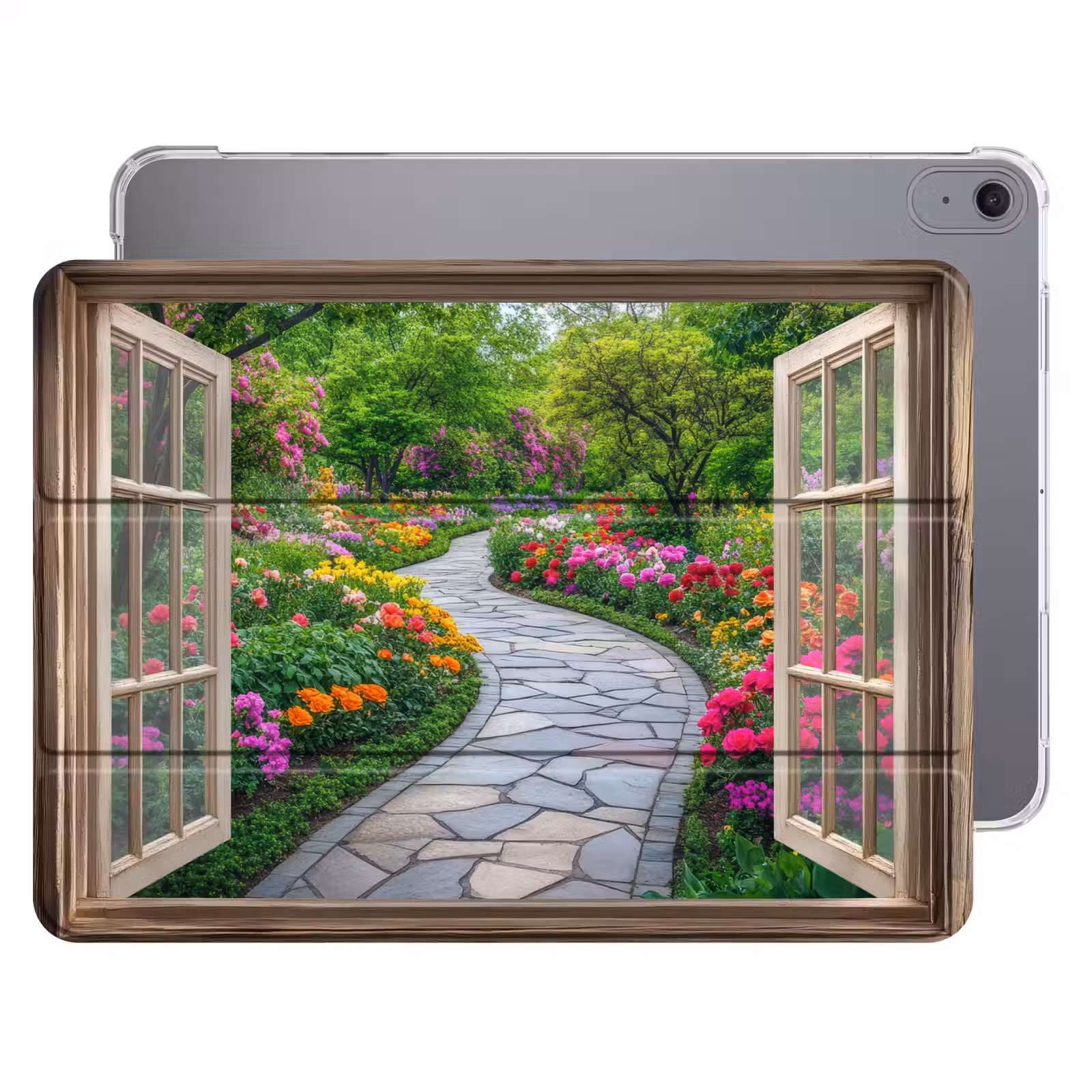iPad hoes - Doorkijk - Bloemen - Tuinpad - Natuur - Raam — 1
