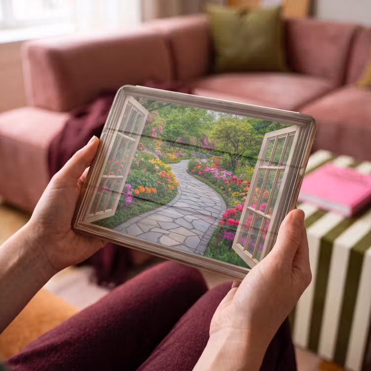 iPad hoes - Doorkijk - Bloemen - Tuinpad - Natuur - Raam — 4