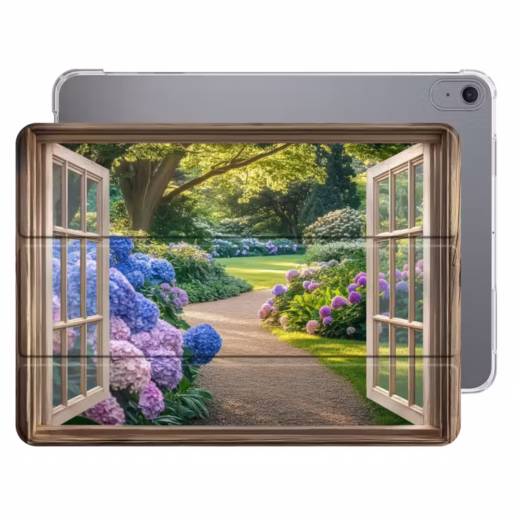 iPad hoes - Doorkijk - Tuin - Raam - Hortensia - Bloemen — 1