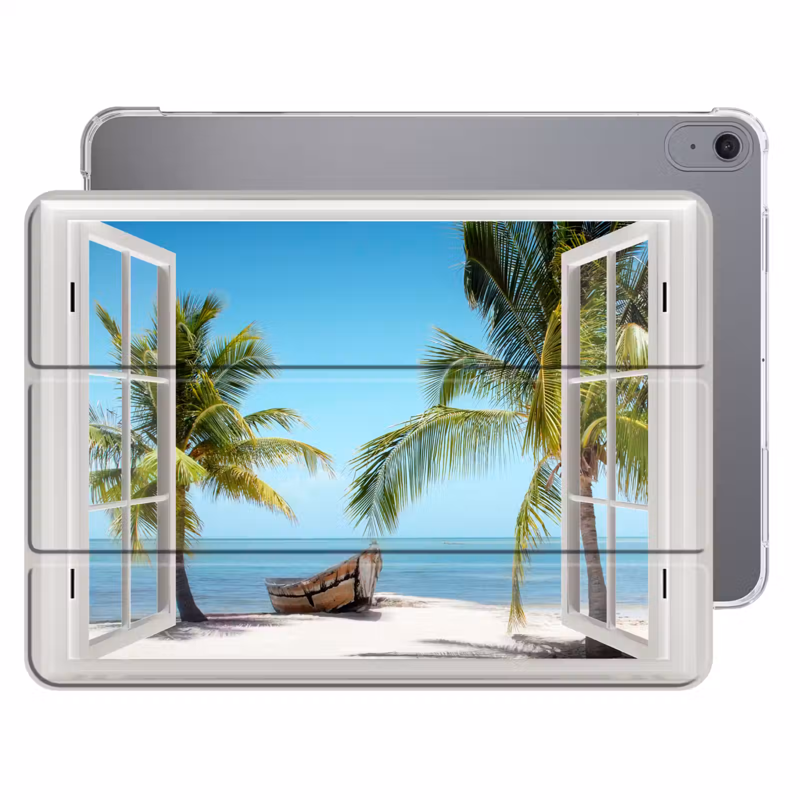 iPad hoes - Doorkijk - Strand - Palmboom - Boot - Tropisch - Zee - Blauw — 1