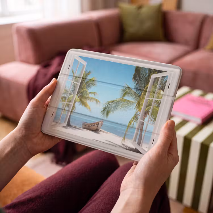 iPad hoes - Doorkijk - Strand - Palmboom - Boot - Tropisch - Zee - Blauw — 4