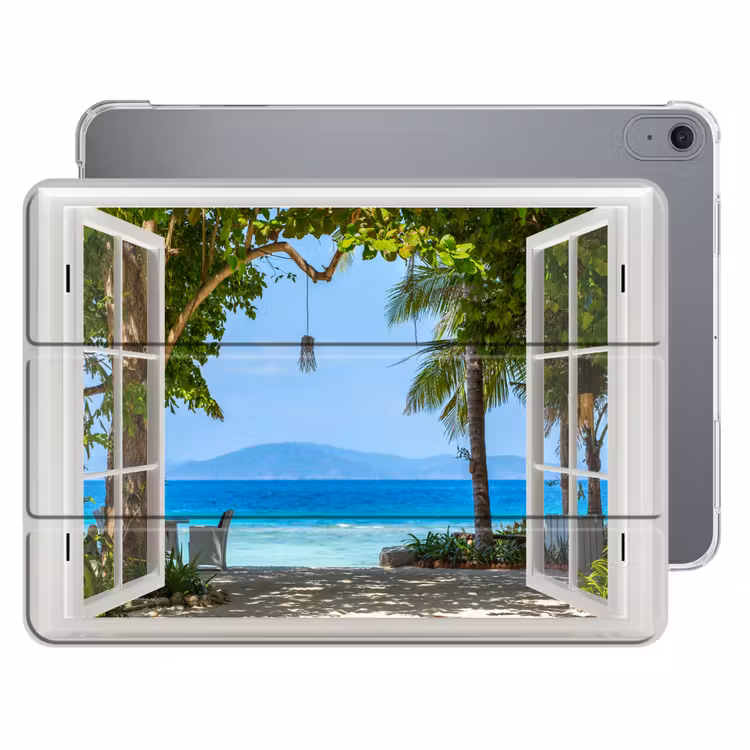 iPad hoes - Doorkijk - Boom - Zee - Palmboom - Heuvels - Strand - Blauw — 1
