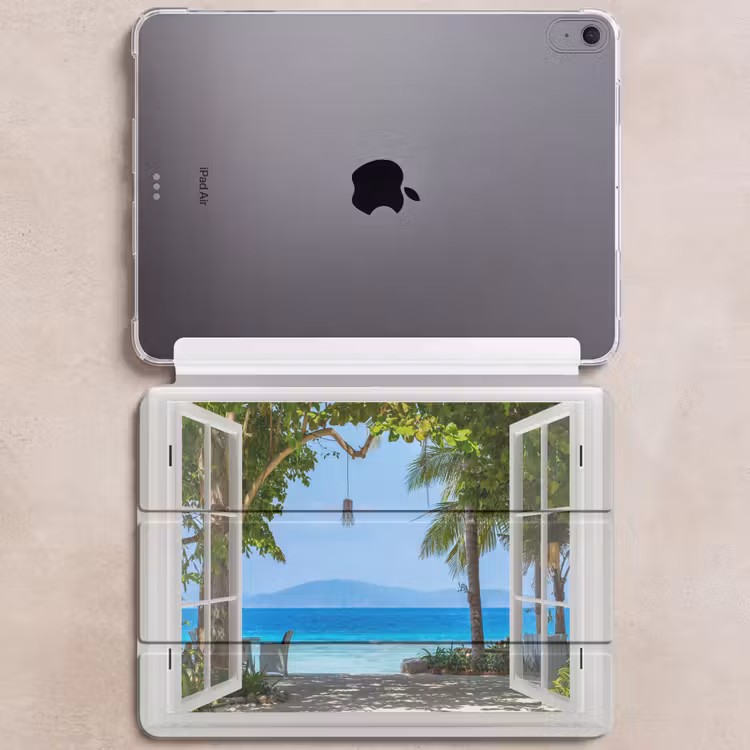 iPad hoes - Doorkijk - Boom - Zee - Palmboom - Heuvels - Strand - Blauw — 6