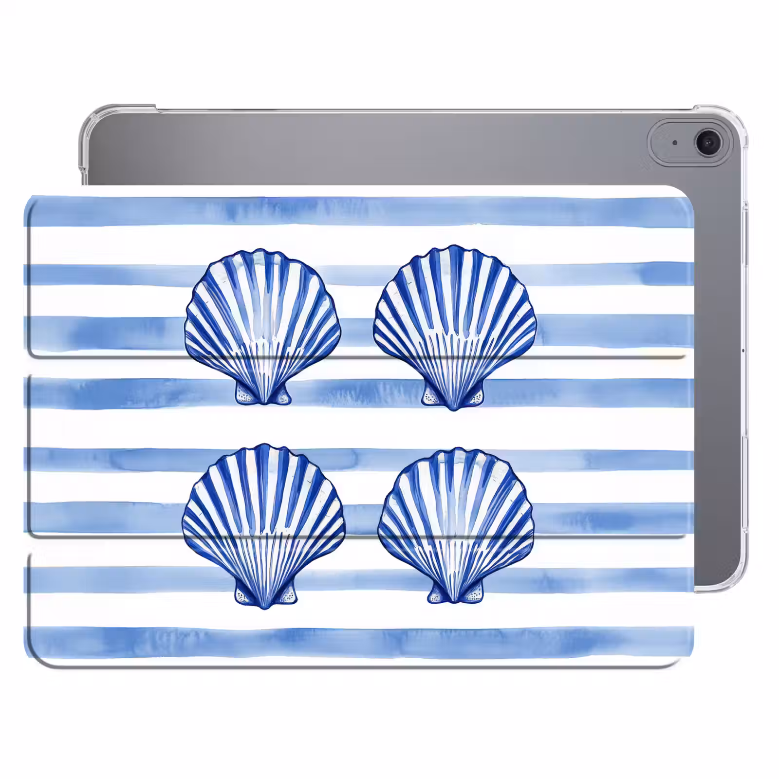iPad hoes - Vier schelpen - Blauw - Wit - Strepen — 1