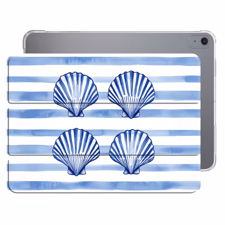 iPad hoes - Vier schelpen - Blauw - Wit - Strepen — 1