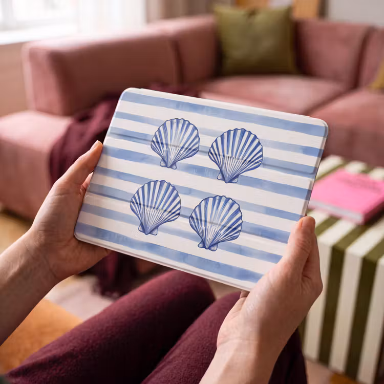 iPad hoes - Vier schelpen - Blauw - Wit - Strepen — 4