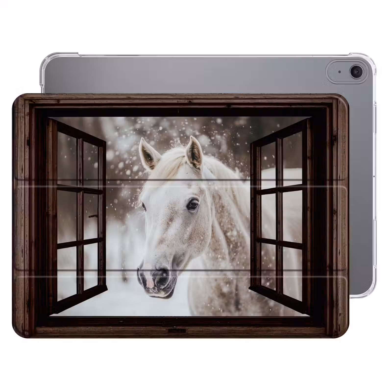 iPad hoes - Doorkijk - Paard - Wit - Winterlandschap - Sneeuw — 1