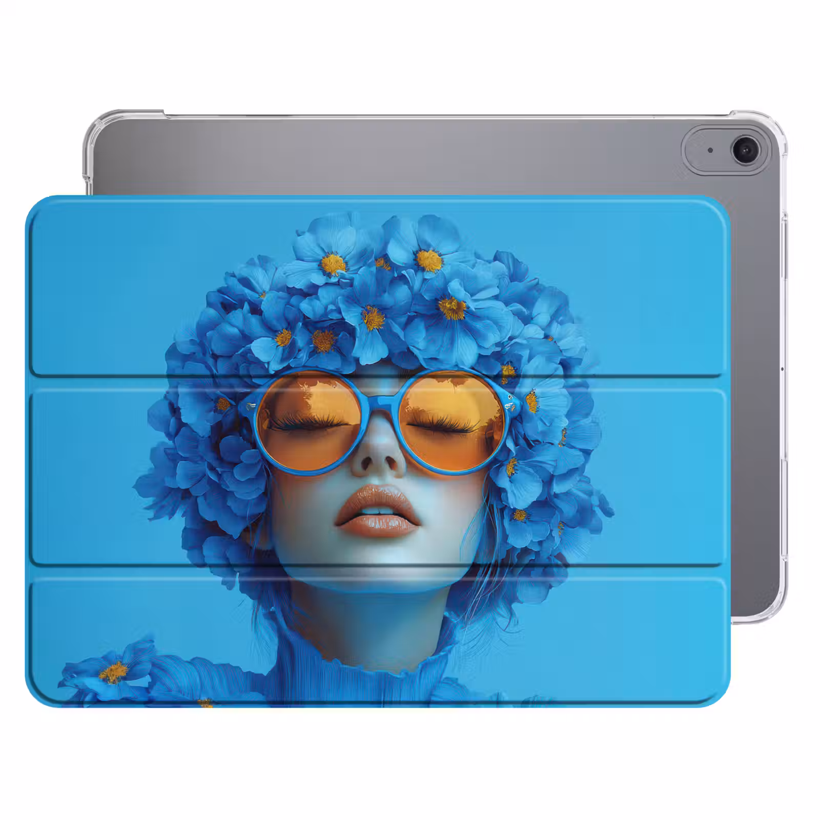 iPad hoes - Vrouw - Bloem - Blauw - Modern - Bril - Portret — 1