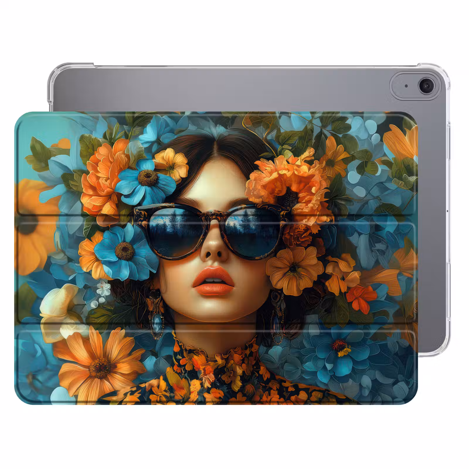 iPad hoes - Vrouw - Bloemen - Oranje - Blauw - Modern — 1