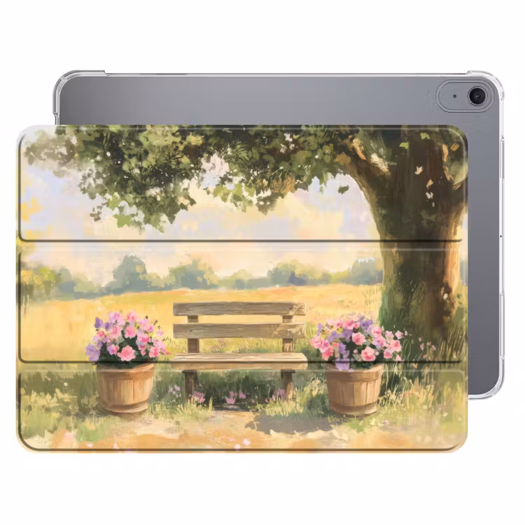 iPad hoes - Houten bankje - Bloempotten - Landschap — 1