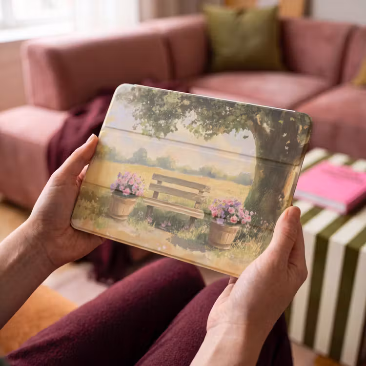 iPad hoes - Houten bankje - Bloempotten - Landschap — 4