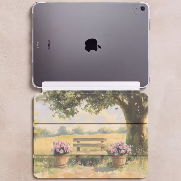 iPad hoes - Houten bankje - Bloempotten - Landschap — 6