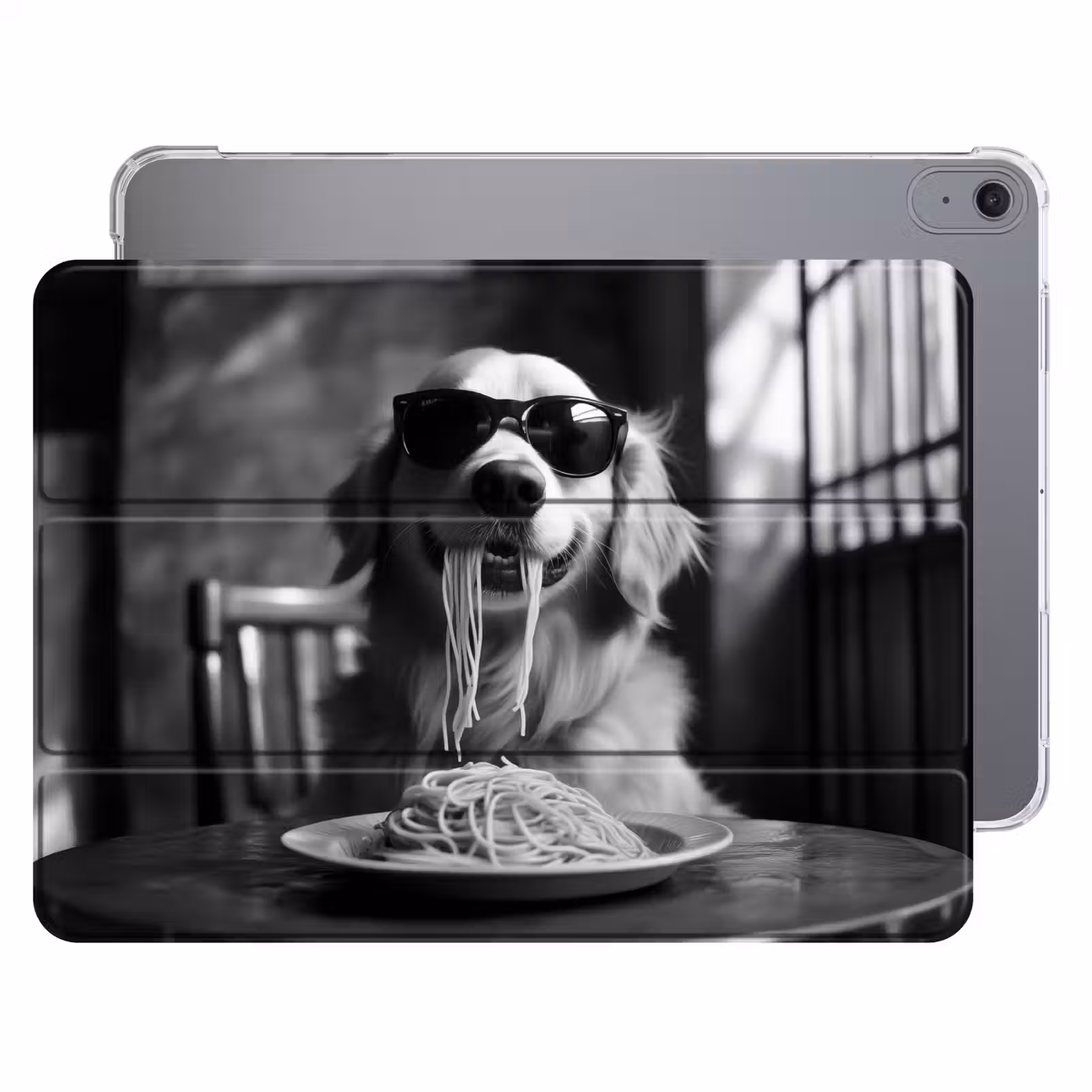 iPad hoes - Golden Retriever - Hond - Vrolijk - Bord spaghetti - Zwart - wit — 1