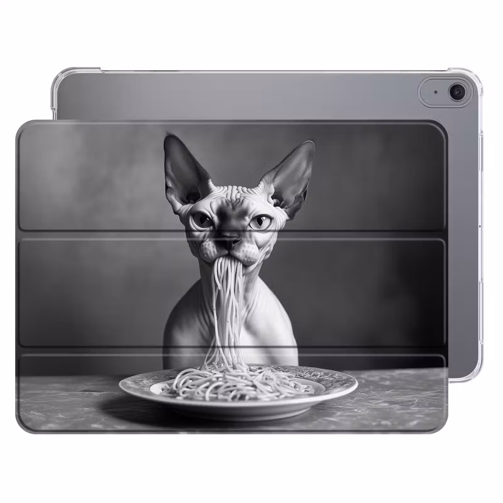 iPad hoes - Sphynx - Kat - Dieren - Humor - Spaghetti - Zwart Wit — 1