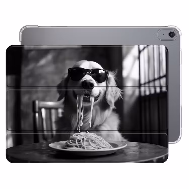iPad hoes - Golden Retriever - Hond - Vrolijk - Bord spaghetti - Zwart - wit — 1