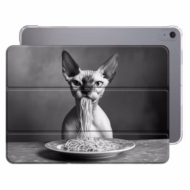 iPad hoes - Sphynx - Kat - Dieren - Humor - Spaghetti - Zwart Wit — 1
