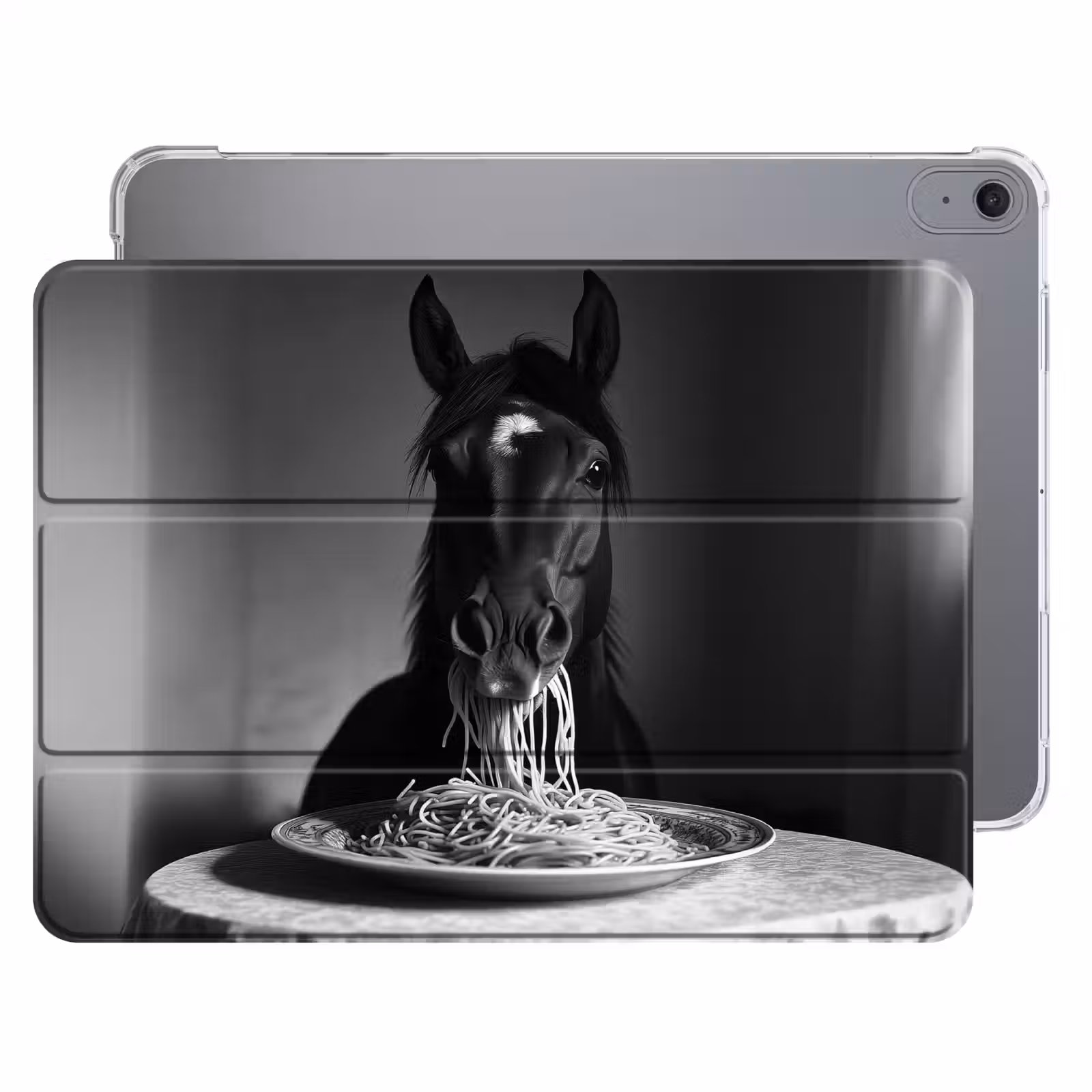 iPad hoes - Paard - Bord - Pasta - Tafelkleed - Zwart Wit - Dieren — 1