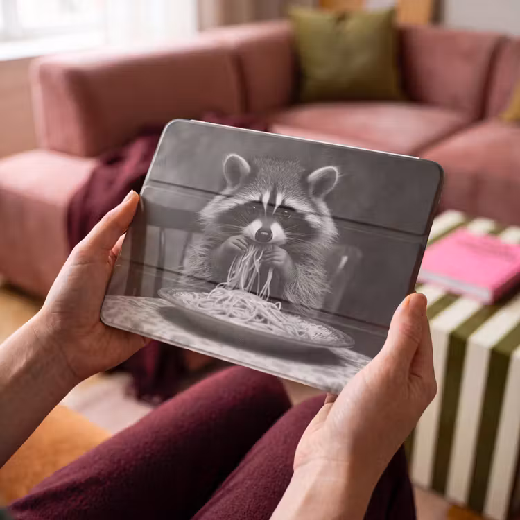 iPad hoes - Wasbeer - Cute - Pasta - Tafelkleed - Zwart - Wit — 4