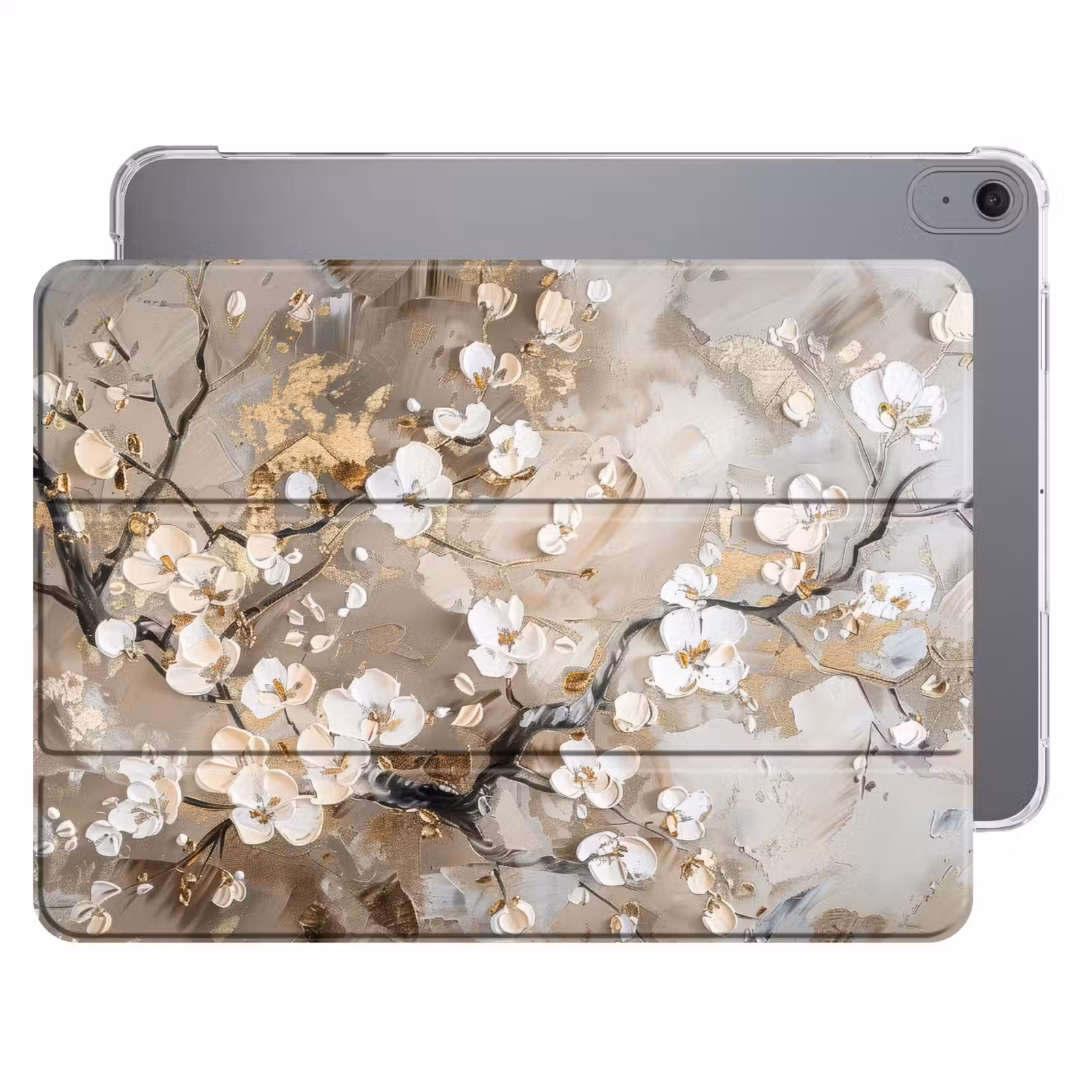 iPad hoes - Bloemen - Wit - Goud - Beige - Luxe — 1