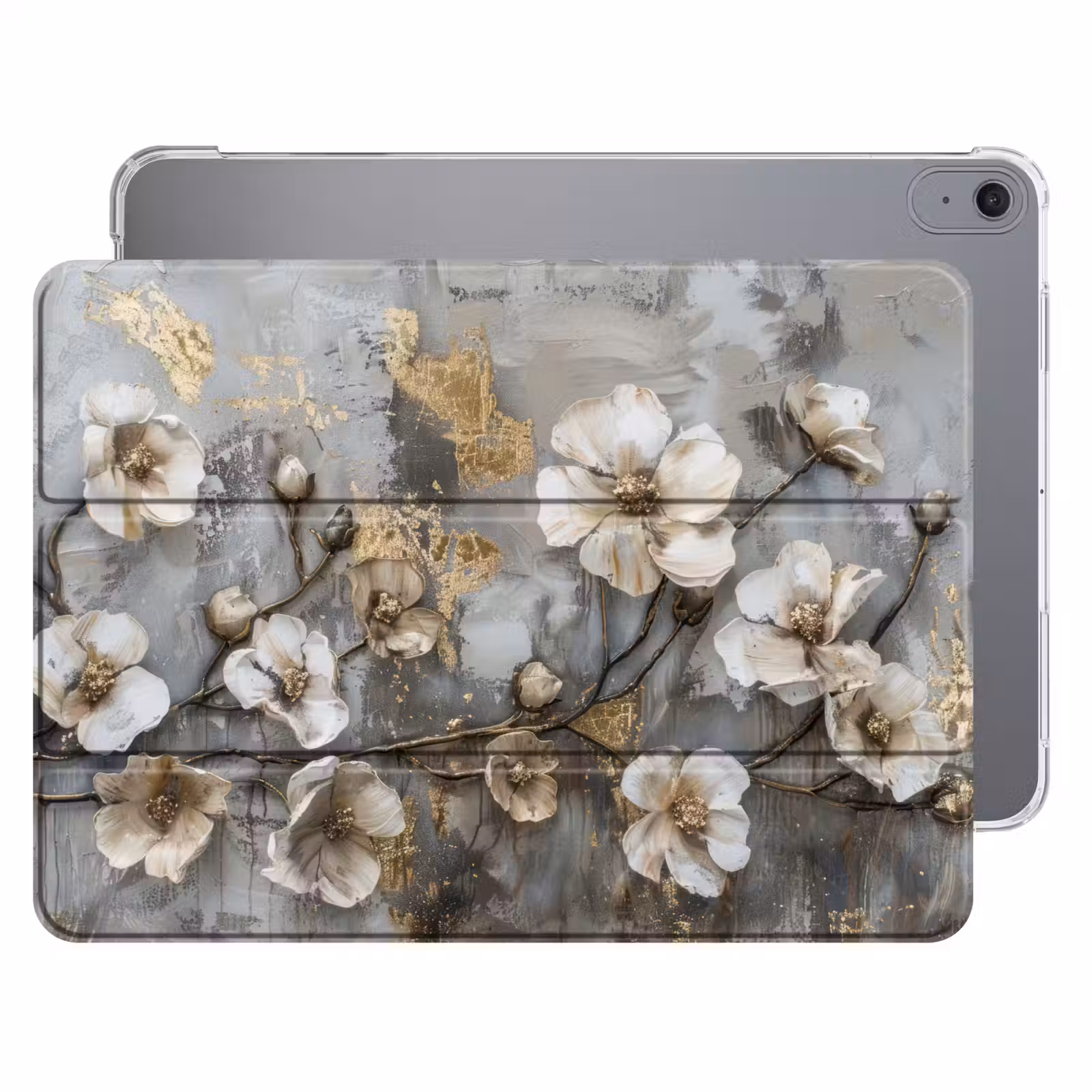 iPad hoes - Bloemen - Wit - Grijs - Goud - Luxe — 1