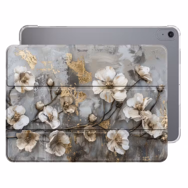 iPad hoes - Bloemen - Wit - Grijs - Goud - Luxe — 1