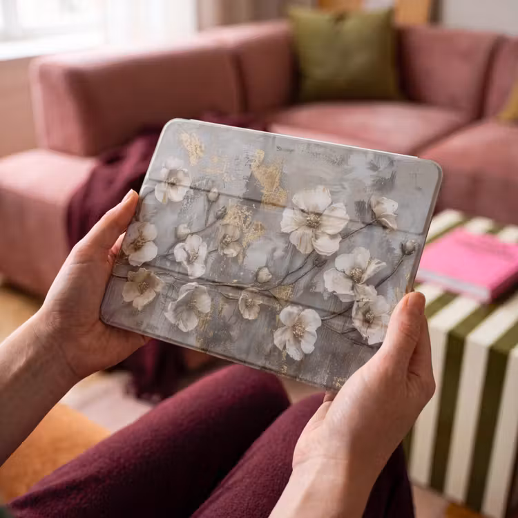 iPad hoes - Bloemen - Wit - Grijs - Goud - Luxe — 4
