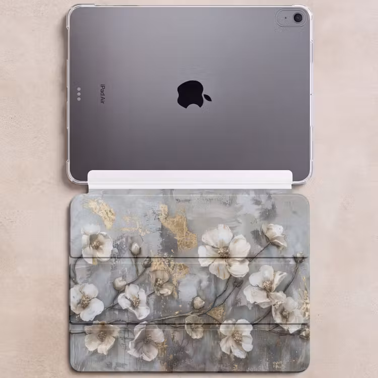 iPad hoes - Bloemen - Wit - Grijs - Goud - Luxe — 6
