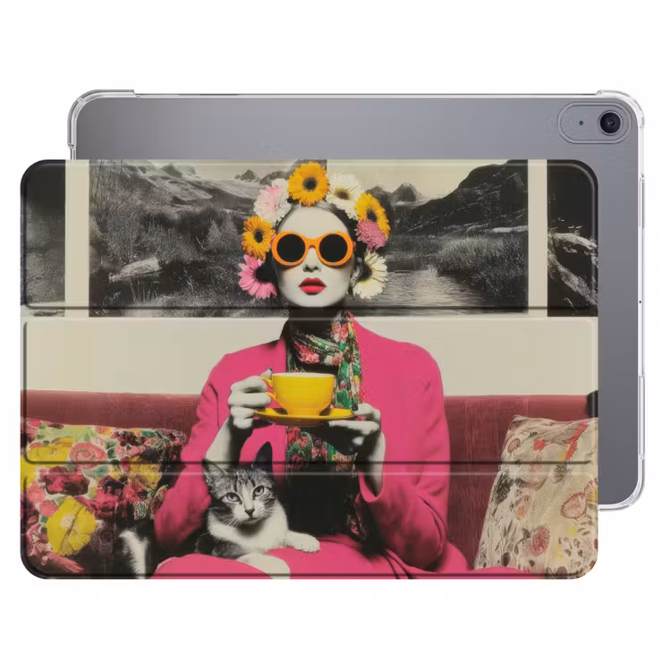 iPad hoes - Vrouw - Kat - Bloemen - Kopje - Retro — 1