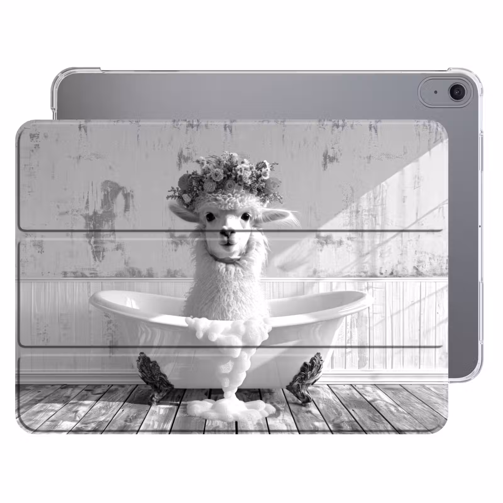 iPad hoes - Alpaca - Bloemen - Dier - Bad - Zwart - Wit — 1
