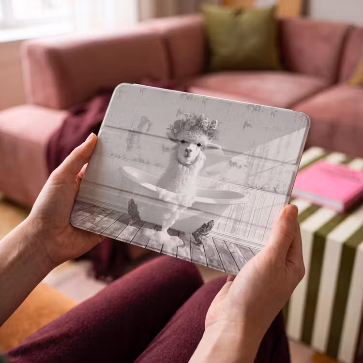 iPad hoes - Alpaca - Bloemen - Dier - Bad - Zwart - Wit — 4