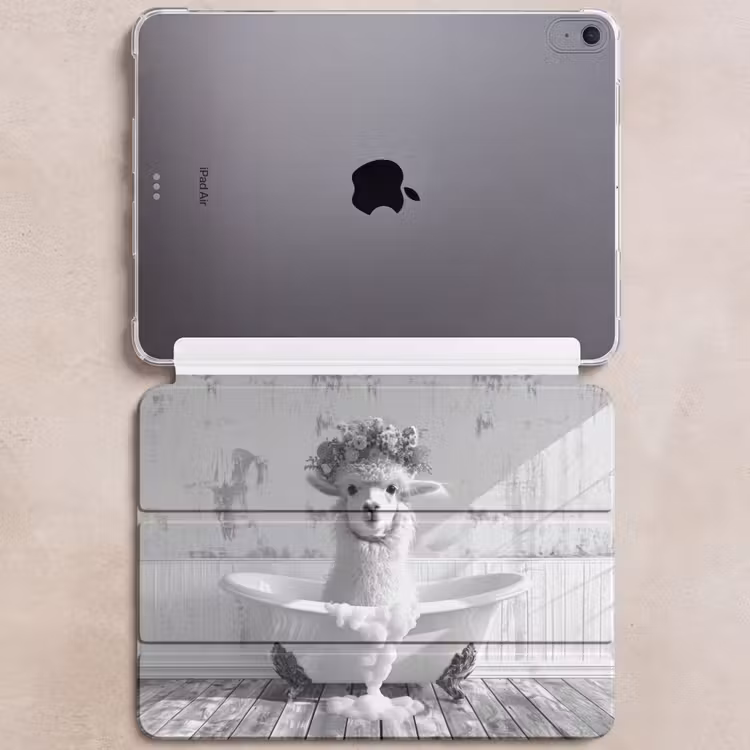iPad hoes - Alpaca - Bloemen - Dier - Bad - Zwart - Wit — 6