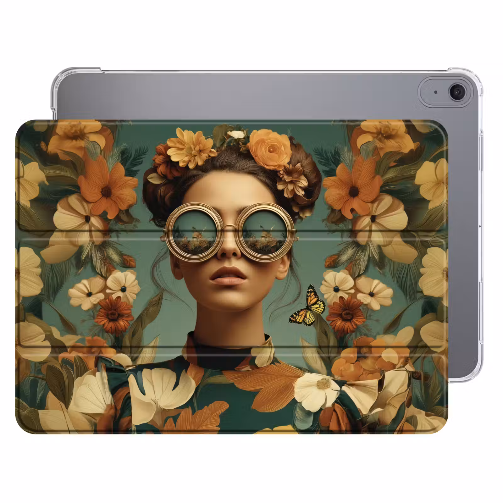 iPad hoes - Bloemenkrans - Vrouwengezicht - Zonnebril - Oranje — 1