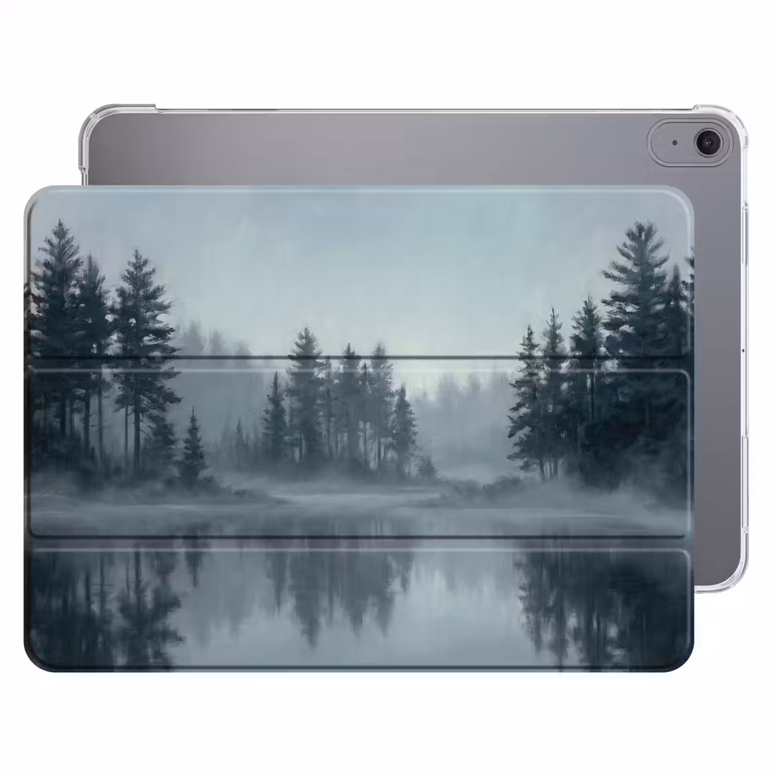 iPad hoes - Bos - Meer - Mist - Natuur - Grijs — 1