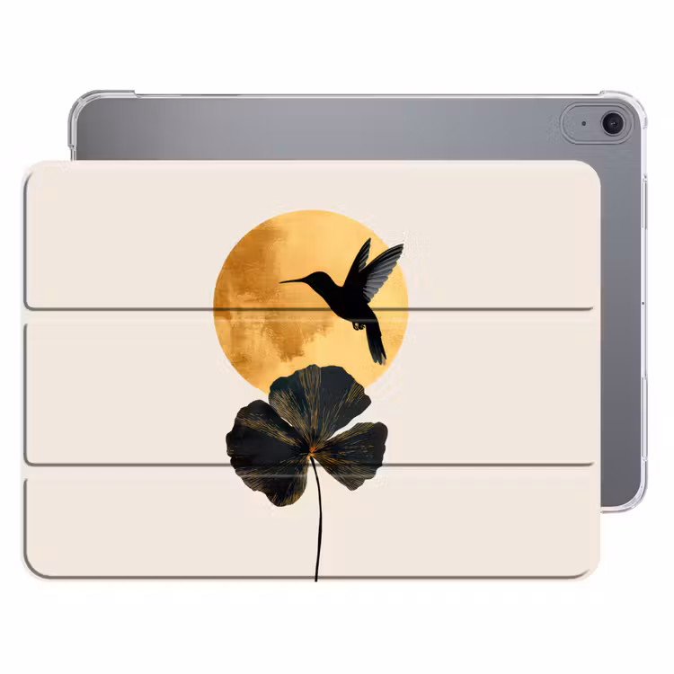 iPad hoes - Zwarte kolibrie - Bloem - Gouden cirkel — 1