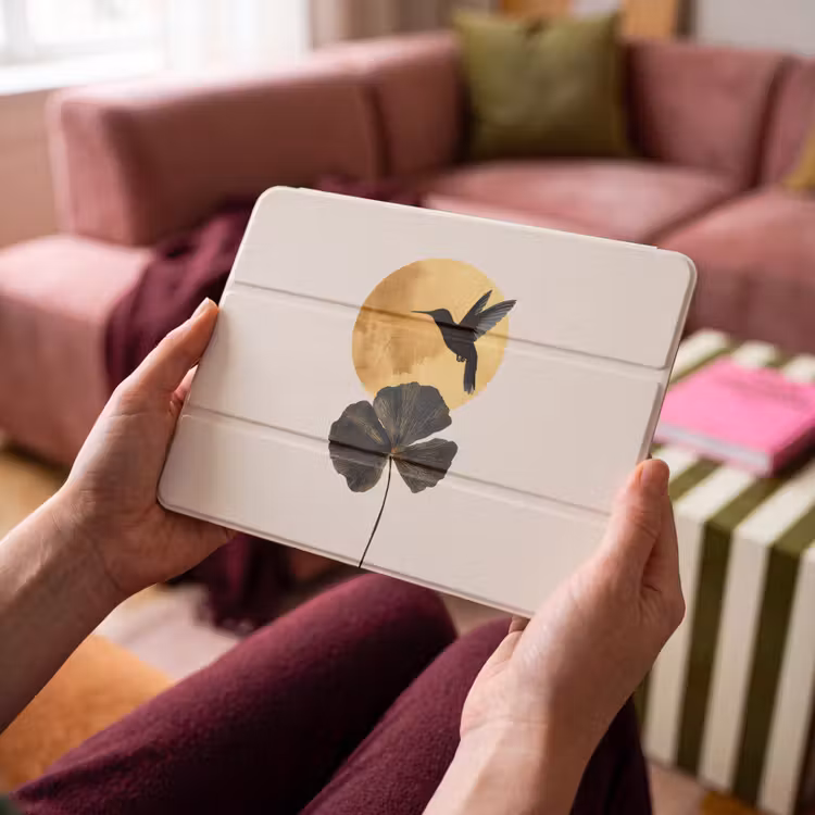 iPad hoes - Zwarte kolibrie - Bloem - Gouden cirkel — 4