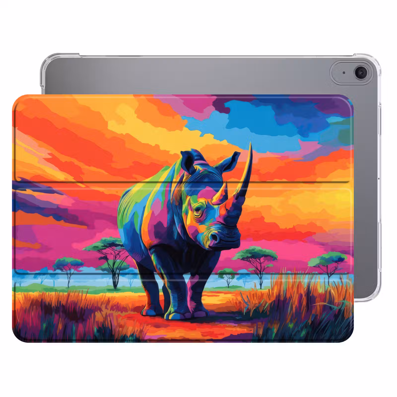 iPad hoes - Neushoorn - Zonsondergang - Savanna - Kleurrijk — 1