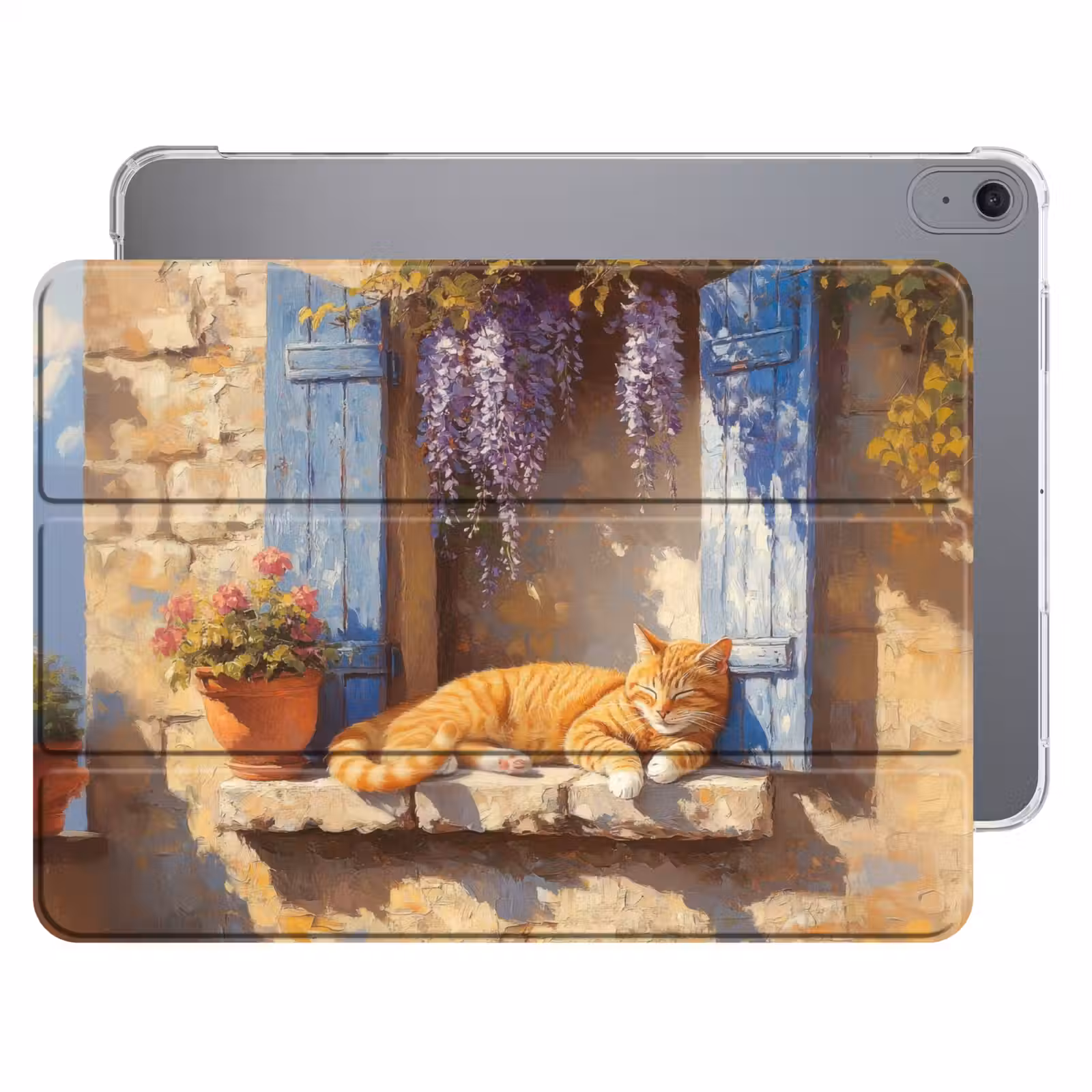 iPad hoes - Kat - Stenen vensterbank - Bloemen — 1