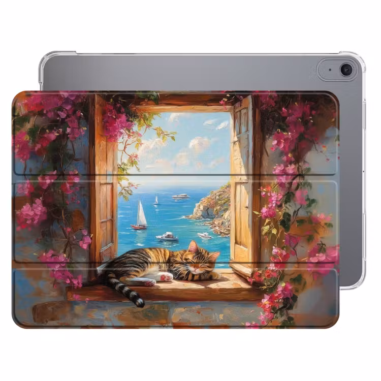 iPad hoes - Kat - Blauwe zee - Roze bloemen — 1