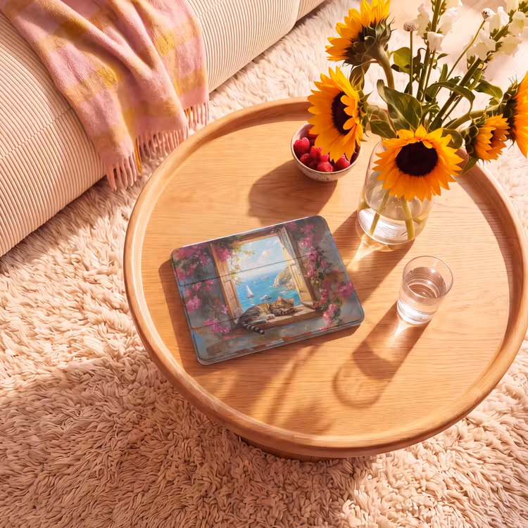 iPad hoes - Kat - Blauwe zee - Roze bloemen — 2