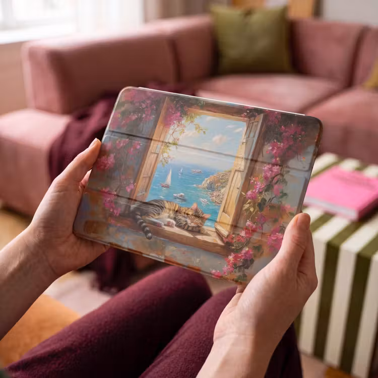 iPad hoes - Kat - Blauwe zee - Roze bloemen — 4