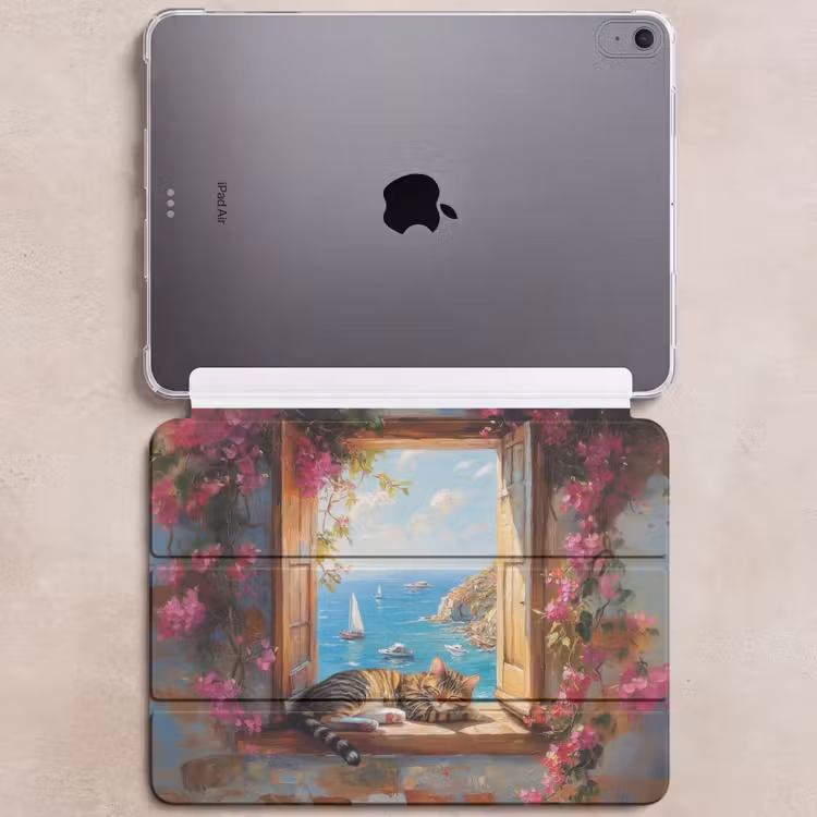 iPad hoes - Kat - Blauwe zee - Roze bloemen — 6
