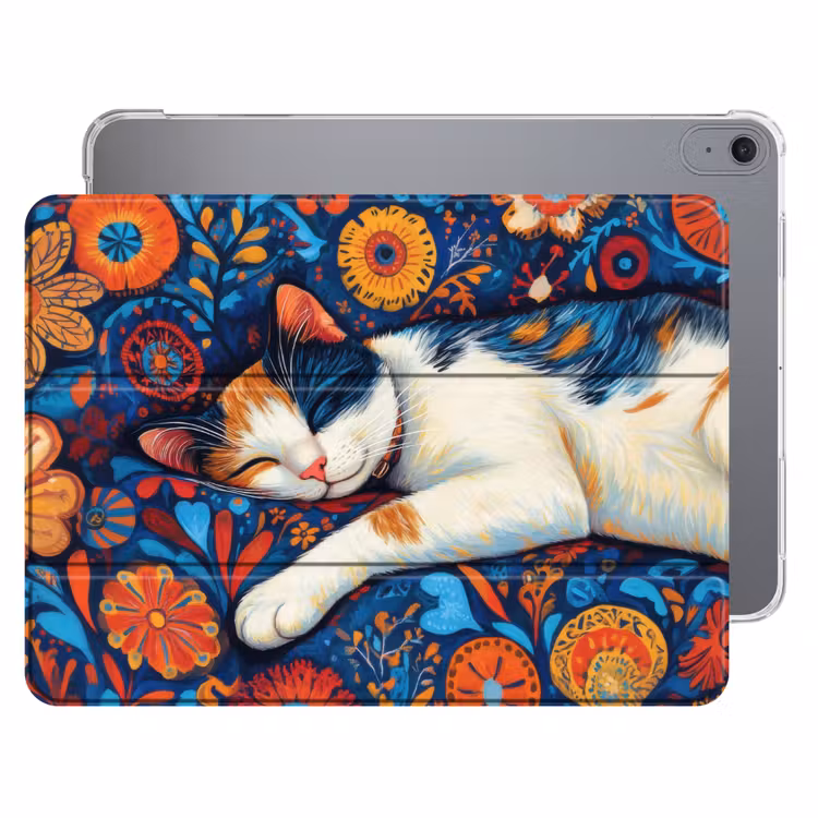 iPad hoes - Kat - Bloemenpatroon - Blauw - Oranje — 1